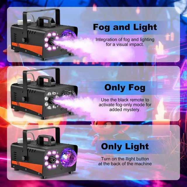 Alt view image 7 of 7 - 1200W Fog Machine, Smoke Machine Fog with Disco Ball Lights, 6000CFM with 13-Color LED Effects, Wired And Wireless Remote Controls, Ideal for Indoor, Outdoor, Wedding, Parties, and Halloween