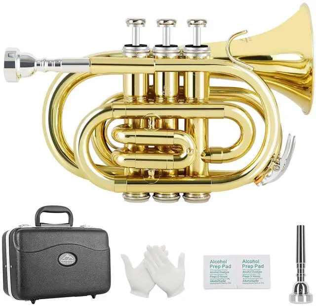 Main image of Pocket Trumpet Brass Bb Gold Lacquer Mini Trumpet with 7 C Mouthpiece, Hard Case, Strap, White Gloves, Cleaning Kit for Students and Beginners