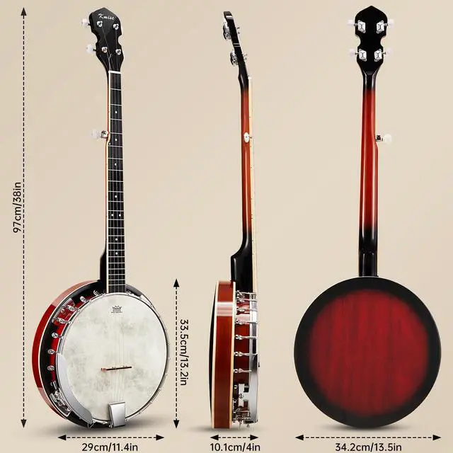 Alt view image 7 of 7 - Banjo, 5 String Banjos with Remo Head Full Size 38 Inch Closed Back with Removable Resonator, Strings Pack, Finger Picks, Strap, Case, Tuner Set Accessories for Starter Adults Beginner Gift