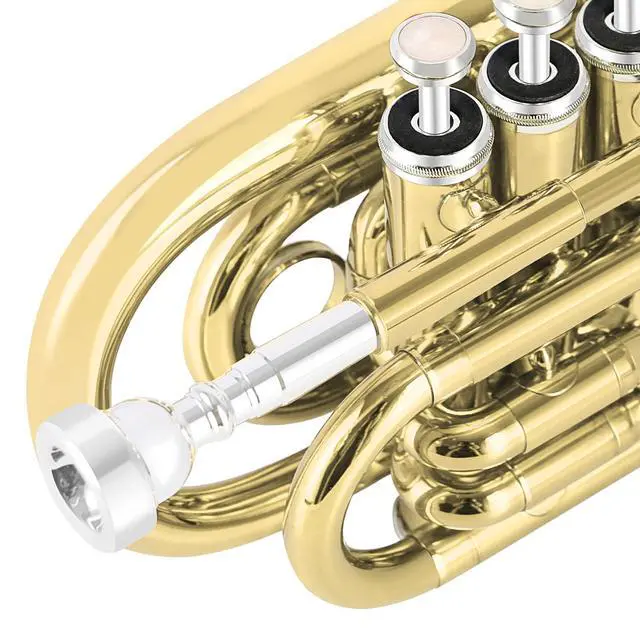 Alt view image 5 of 7 - Pocket Trumpet Brass Bb Gold Lacquer Mini Trumpet with 7 C Mouthpiece, Hard Case, Strap, White Gloves, Cleaning Kit for Students and Beginners