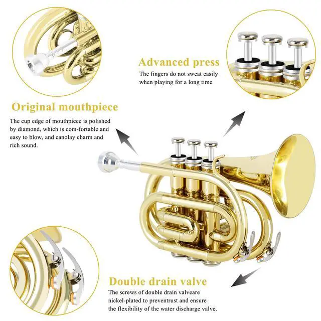 Alt view image 2 of 7 - Pocket Trumpet Brass Bb Gold Lacquer Mini Trumpet with 7 C Mouthpiece, Hard Case, Strap, White Gloves, Cleaning Kit for Students and Beginners