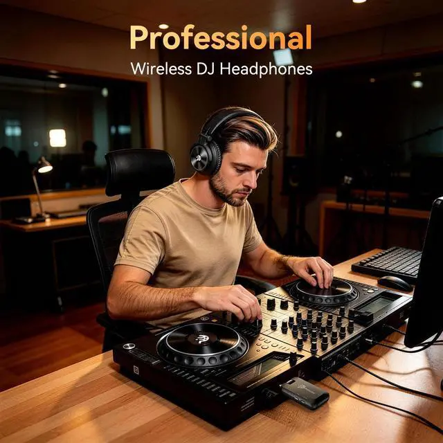 Alt view image 2 of 7 - PUPGSIS 2.4GHz Wireless DJ Headphones,20ms Low Latency Studio Headphones with 1/4 to 3.5mm Jack for Keyboard Turntable Laptop,Dongle/Bluetooth/Wired Connection for Studio Monitor & Mixing DJ,Black