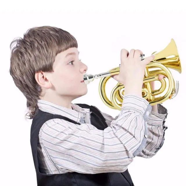 Alt view image 7 of 7 - Pocket Trumpet Brass Bb Gold Lacquer Mini Trumpet with 7 C Mouthpiece, Hard Case, Strap, White Gloves, Cleaning Kit for Students and Beginners