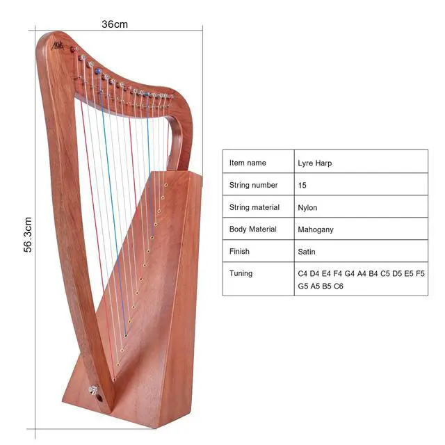 Alt view image 5 of 7 - Harp, 15 Strings Mahogany Harp 22 Inch Height for Adult Professional Beginner with Tuning Wrench,Black Gig Bag,Strap (NO Spare String, International Standard Strings)