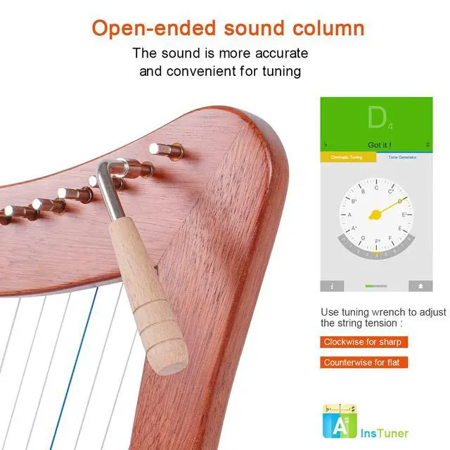 Alt view image 3 of 7 - Harp, 15 Strings Mahogany Harp 22 Inch Height for Adult Professional Beginner with Tuning Wrench,Black Gig Bag,Strap (NO Spare String, International Standard Strings)