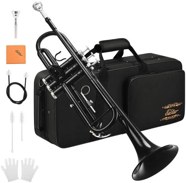 Main image of Bb Trumpet Standard Trumpet Set for Student Beginner with Hard Case, Cleaning Kit, 7C Mouthpiece and Gloves, Brass Bb Trumpet Instrument, Black, ETR-380B