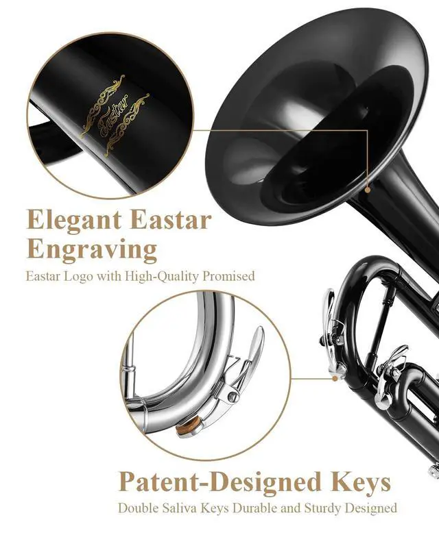 Alt view image 2 of 7 - Bb Trumpet Standard Trumpet Set for Student Beginner with Hard Case, Cleaning Kit, 7C Mouthpiece and Gloves, Brass Bb Trumpet Instrument, Black, ETR-380B