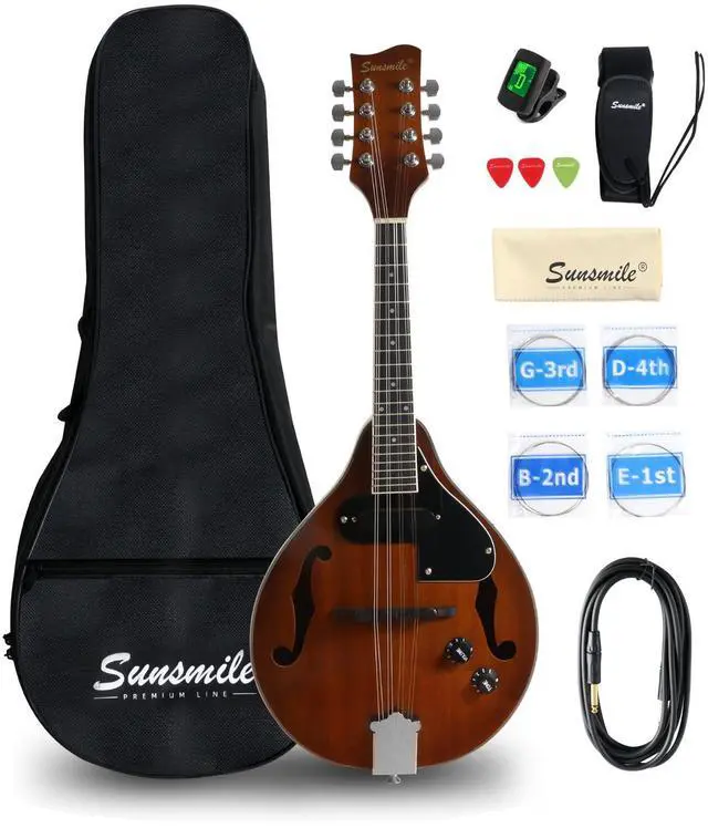 Main image of A-Style 8 String Acoustic-Electric Mandolin Instrument with Pickup | Sapele Top, Arched F Holes Body, Okoume Neck, Walnut Bridge, Gig Bag, Cable, Tuner, Strings, Strap, Picks and Polish Cloth