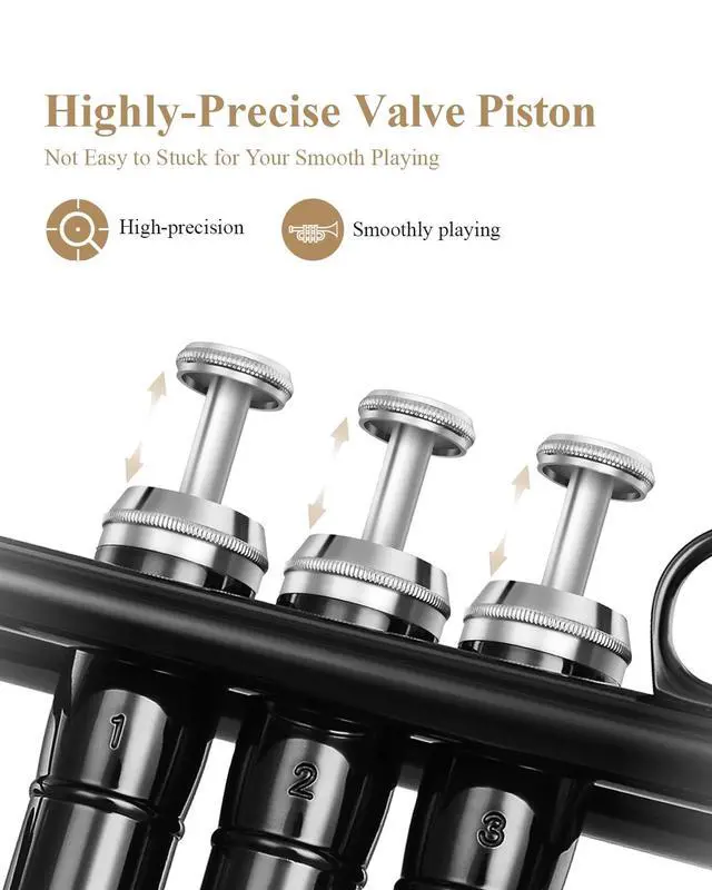 Alt view image 3 of 7 - Bb Trumpet Standard Trumpet Set for Student Beginner with Hard Case, Cleaning Kit, 7C Mouthpiece and Gloves, Brass Bb Trumpet Instrument, Black, ETR-380B