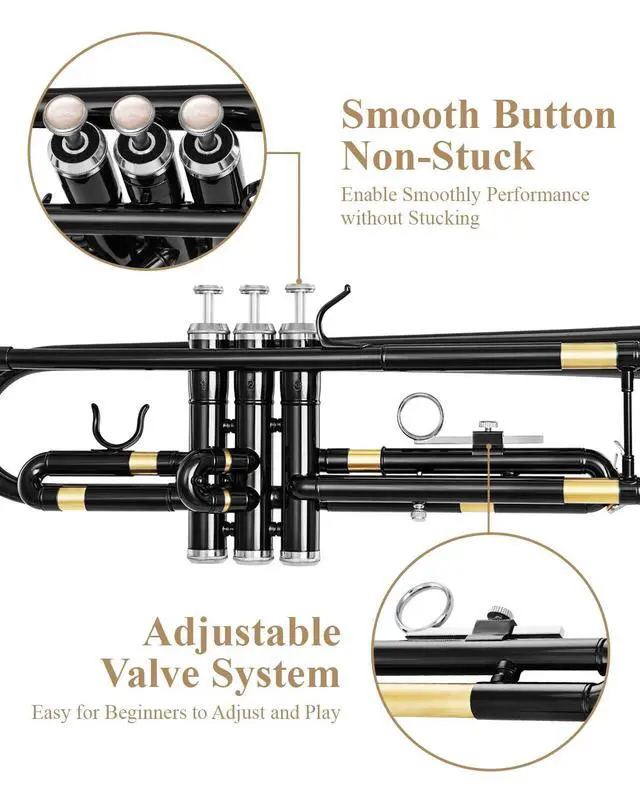 Alt view image 4 of 7 - Bb Trumpet Standard Trumpet Set for Student Beginner with Hard Case, Cleaning Kit, 7C Mouthpiece and Gloves, Brass Bb Trumpet Instrument, Black, ETR-380B