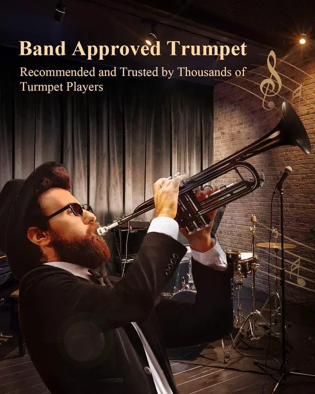 Alt view image 6 of 7 - Bb Trumpet Standard Trumpet Set for Student Beginner with Hard Case, Cleaning Kit, 7C Mouthpiece and Gloves, Brass Bb Trumpet Instrument, Black, ETR-380B