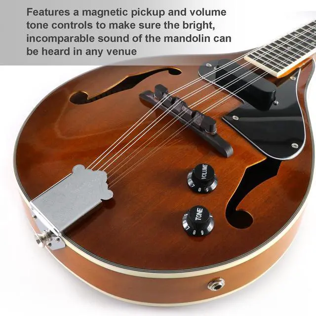 Alt view image 3 of 7 - A-Style 8 String Acoustic-Electric Mandolin Instrument with Pickup | Sapele Top, Arched F Holes Body, Okoume Neck, Walnut Bridge, Gig Bag, Cable, Tuner, Strings, Strap, Picks and Polish Cloth