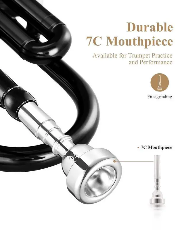 Alt view image 5 of 7 - Bb Trumpet Standard Trumpet Set for Student Beginner with Hard Case, Cleaning Kit, 7C Mouthpiece and Gloves, Brass Bb Trumpet Instrument, Black, ETR-380B
