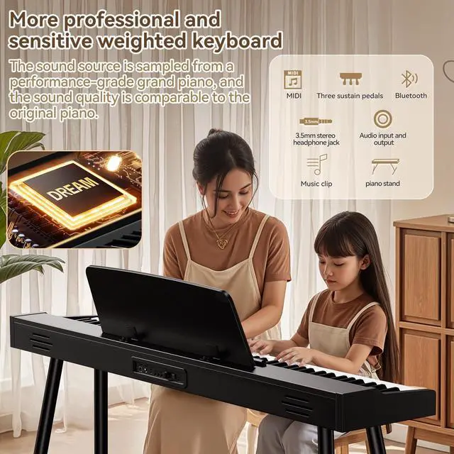 Alt view image 5 of 7 - Keyboard Piano 88 Key Digital: 88 Key Piano keyboard Semi-Weighted Full Size Keyboard Digital Premium Sound MIDI Headphone Jack Triple Pedal Compact Design for Beginners to Professionals