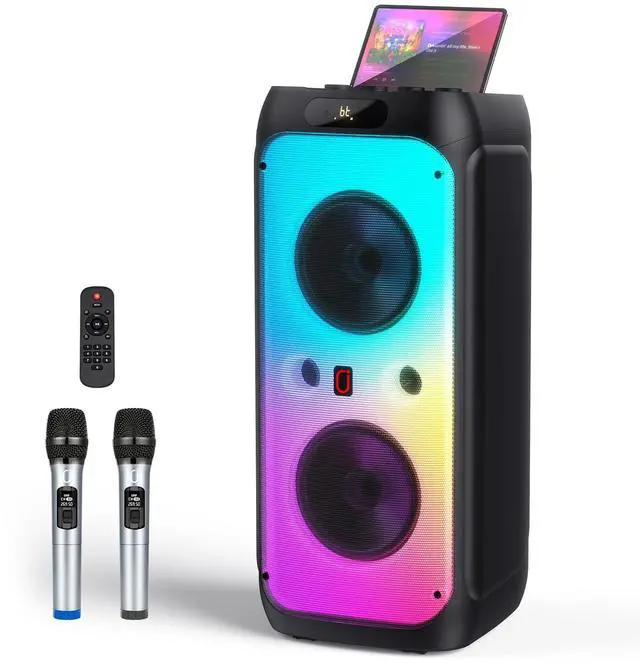 Main image of 600W Peak Extra-Large Party Speaker with 2 Wireless Microphones, Big Bluetooth PA Speaker with Deep Bass, Dual 10" Woofers, 3.5" Tweeters & LED for Backyard Parties, BBQs, Camping & Outdoor