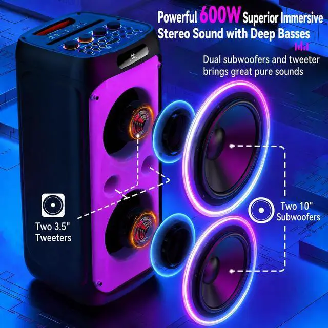 Alt view image 2 of 6 - 600W Peak Extra-Large Party Speaker with 2 Wireless Microphones, Big Bluetooth PA Speaker with Deep Bass, Dual 10" Woofers, 3.5" Tweeters & LED for Backyard Parties, BBQs, Camping & Outdoor
