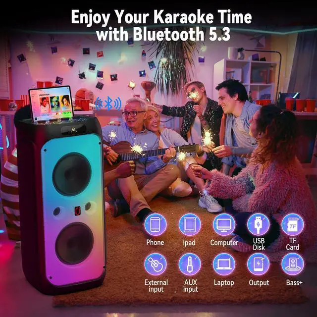 Alt view image 3 of 6 - 600W Peak Extra-Large Party Speaker with 2 Wireless Microphones, Big Bluetooth PA Speaker with Deep Bass, Dual 10" Woofers, 3.5" Tweeters & LED for Backyard Parties, BBQs, Camping & Outdoor
