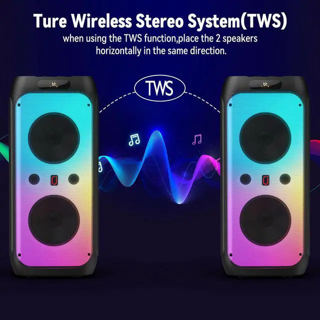 Alt view image 4 of 6 - 600W Peak Extra-Large Party Speaker with 2 Wireless Microphones, Big Bluetooth PA Speaker with Deep Bass, Dual 10" Woofers, 3.5" Tweeters & LED for Backyard Parties, BBQs, Camping & Outdoor