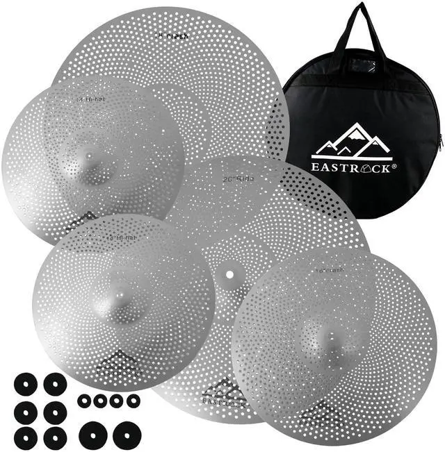 Main image of 5 Pieces Low Volume Cymbal Pack with Cymbal Bag and Felts,Silver | Cymbals for Drum Set (14"Hi-hat+16"Crash+18"Crash+20"Ride)