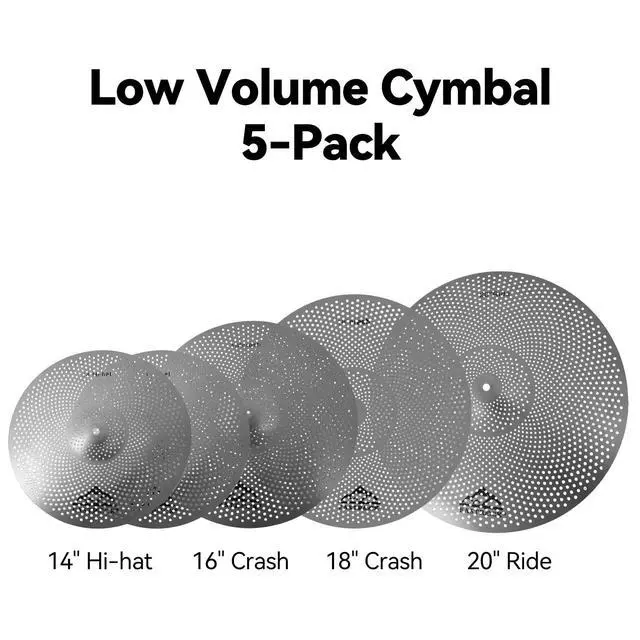 Alt view image 2 of 7 - 5 Pieces Low Volume Cymbal Pack with Cymbal Bag and Felts,Silver | Cymbals for Drum Set (14"Hi-hat+16"Crash+18"Crash+20"Ride)