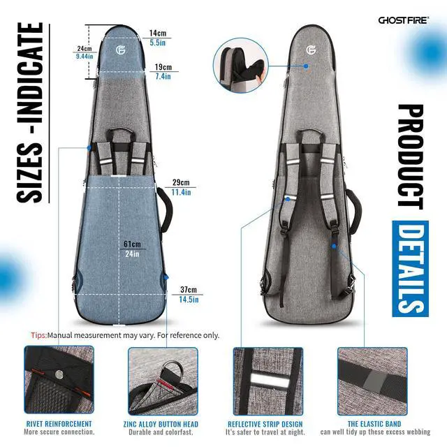 Alt view image 6 of 7 - Super Thick High-End Guitar Gig Bag for ST/TL/LP/SG Guitar, Grey | Padded Electric Guitar Case for ST/TL/LP/SG Guitar, Waterproof Guitar Bag with Detachable Expansion Pouch