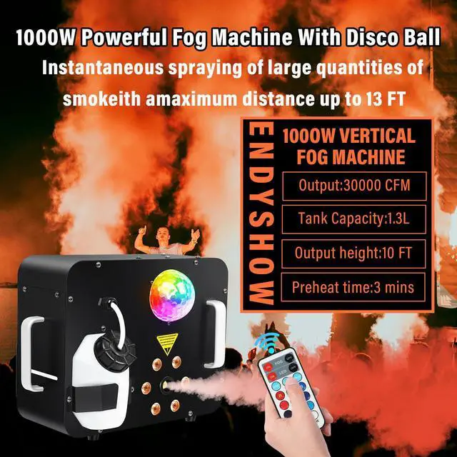 Alt view image 2 of 7 - Fog Machine,1000W DJ Smoke Machine Maker with Disco Ball&6 RGB LED Lights Produce 30000 CFM Smoke Vertically or Horizontally by Remote Control for DJ Party Wedding Stage Show Lighting