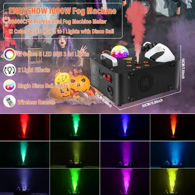 Alt view image 3 of 7 - Fog Machine,1000W DJ Smoke Machine Maker with Disco Ball&6 RGB LED Lights Produce 30000 CFM Smoke Vertically or Horizontally by Remote Control for DJ Party Wedding Stage Show Lighting