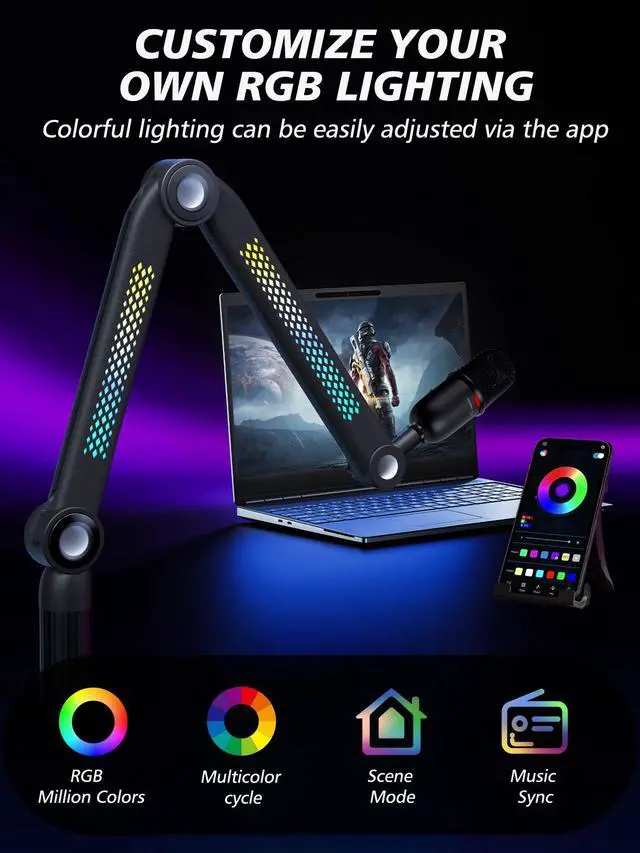 Alt view image 2 of 7 - RGB Mic Arm, Adjustable Boom Arm with RGB Control, Multiple Adapters, Compatible with Blue Yeti, HyperXFIFINE AM8, Shure MicRode and More, Perfect for Podcasting, Streaming and Gaming