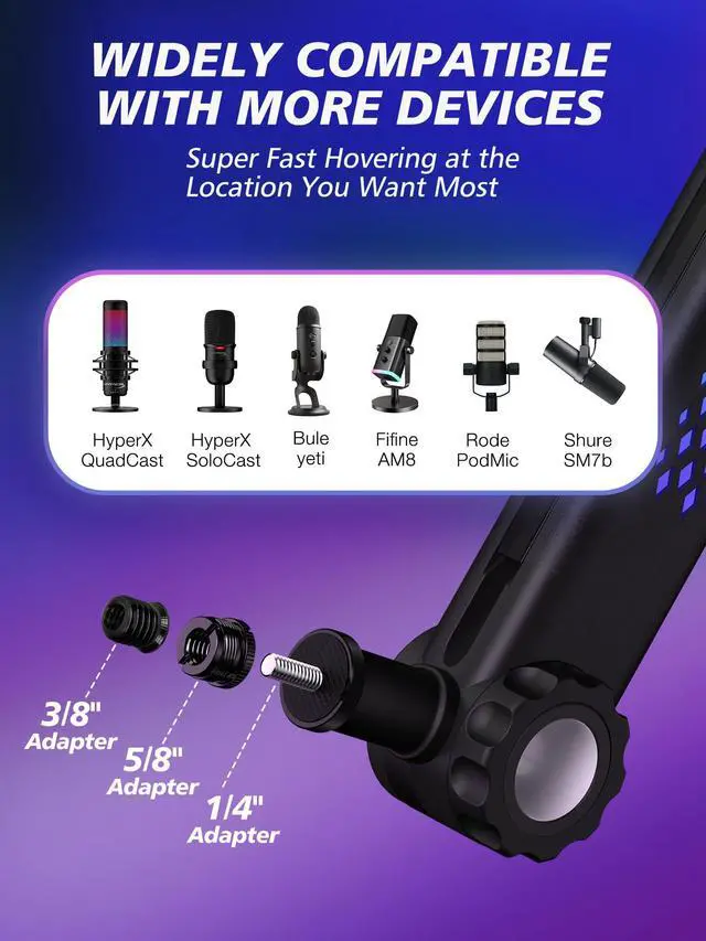 Alt view image 4 of 7 - RGB Mic Arm, Adjustable Boom Arm with RGB Control, Multiple Adapters, Compatible with Blue Yeti, HyperXFIFINE AM8, Shure MicRode and More, Perfect for Podcasting, Streaming and Gaming
