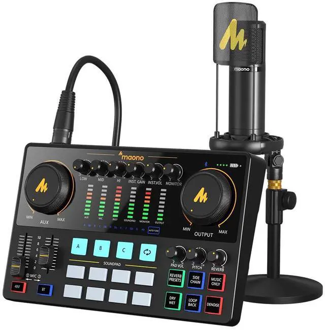 Main image of AME2A Podcast Equipment Bundle, Audio Interface and XLR Condenser Mic | 48V phantom power, Bluetooth, 11 custom sound pads, podcast recording, YouTube/TikTok live streaming, PC and home creators