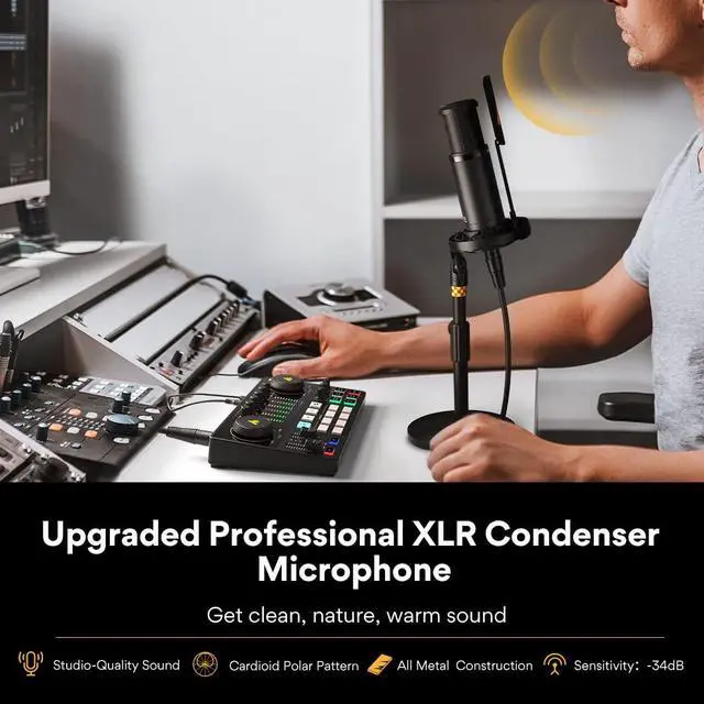 Alt view image 4 of 7 - AME2A Podcast Equipment Bundle, Audio Interface and XLR Condenser Mic | 48V phantom power, Bluetooth, 11 custom sound pads, podcast recording, YouTube/TikTok live streaming, PC and home creators