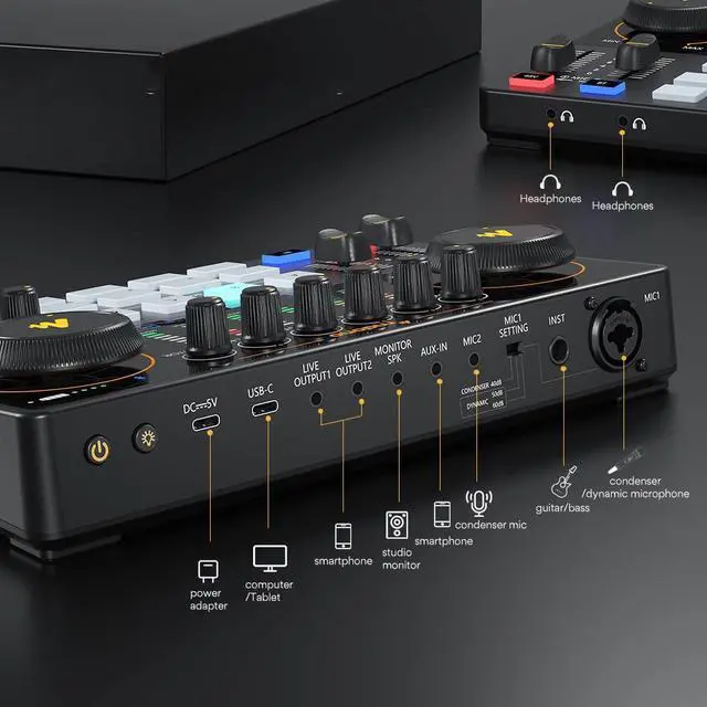 Alt view image 6 of 7 - AME2A Podcast Equipment Bundle, Audio Interface and XLR Condenser Mic | 48V phantom power, Bluetooth, 11 custom sound pads, podcast recording, YouTube/TikTok live streaming, PC and home creators