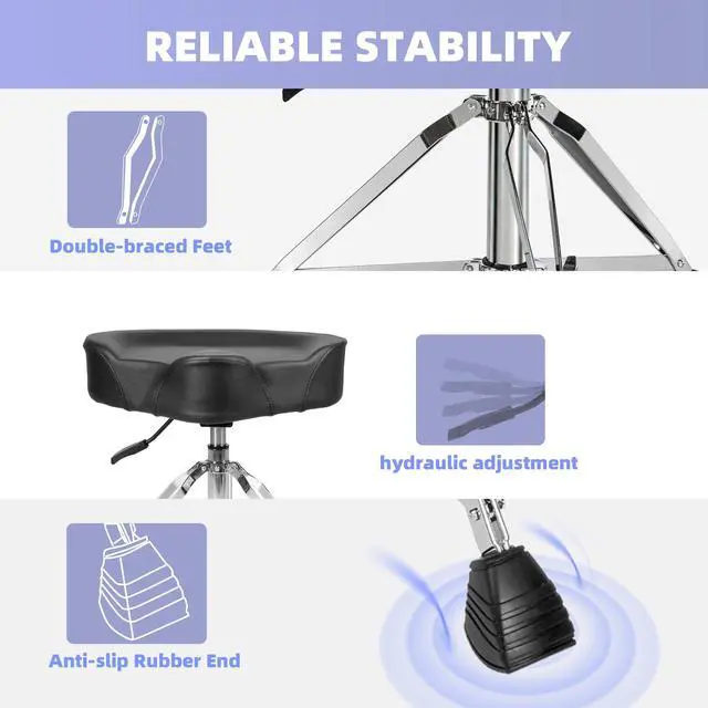 Alt view image 6 of 7 - Hydraulic Drum Throne, Heavy Duty Drum Stool, Height Adjustable Drum Seat, Motorcycle Style Drummers Chair, Music Stool for Drummer Adults