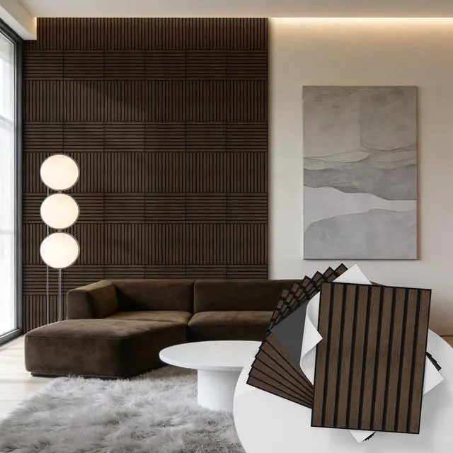Main image of 24 Pack Self Adhesive Acoustic Wall Panels in Wood Look 11.8"x15.7" | Soundproofing PVC Slats on Felt, Decorative Wall Panels for Living Room & Bedroom Accent Wall