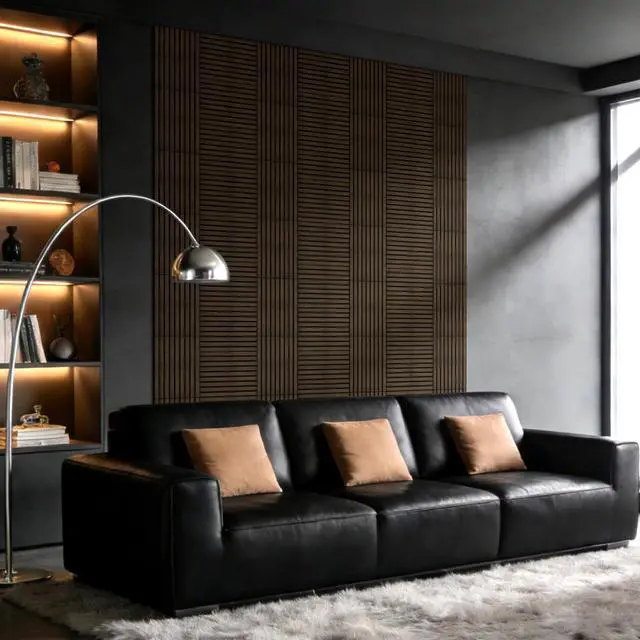 Alt view image 4 of 7 - 24 Pack Self Adhesive Acoustic Wall Panels in Wood Look 11.8"x15.7" | Soundproofing PVC Slats on Felt, Decorative Wall Panels for Living Room & Bedroom Accent Wall