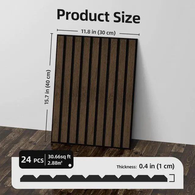 Alt view image 7 of 7 - 24 Pack Self Adhesive Acoustic Wall Panels in Wood Look 11.8"x15.7" | Soundproofing PVC Slats on Felt, Decorative Wall Panels for Living Room & Bedroom Accent Wall