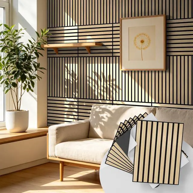Main image of 24 Pack Self Adhesive Acoustic Wall Panels in Wood Look 11.8"x15.7" | Soundproofing PVC Slats on Felt, Decorative Wall Panels for Living Room & Bedroom Accent Wall