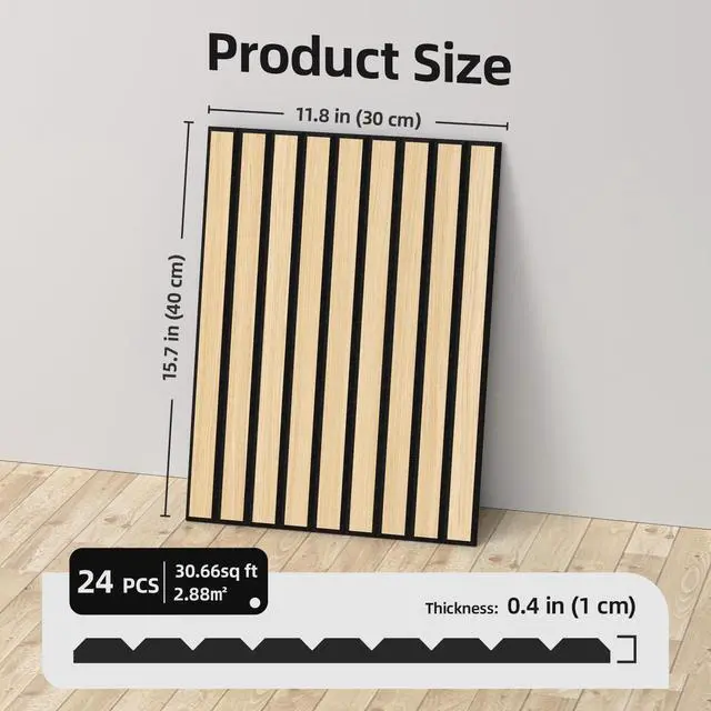 Alt view image 2 of 7 - 24 Pack Self Adhesive Acoustic Wall Panels in Wood Look 11.8"x15.7" | Soundproofing PVC Slats on Felt, Decorative Wall Panels for Living Room & Bedroom Accent Wall