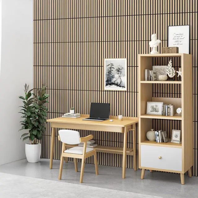 Alt view image 3 of 7 - 24 Pack Self Adhesive Acoustic Wall Panels in Wood Look 11.8"x15.7" | Soundproofing PVC Slats on Felt, Decorative Wall Panels for Living Room & Bedroom Accent Wall