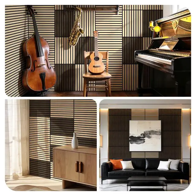 Alt view image 5 of 7 - 24 Pack Self Adhesive Acoustic Wall Panels in Wood Look 11.8"x15.7" | Soundproofing PVC Slats on Felt, Decorative Wall Panels for Living Room & Bedroom Accent Wall