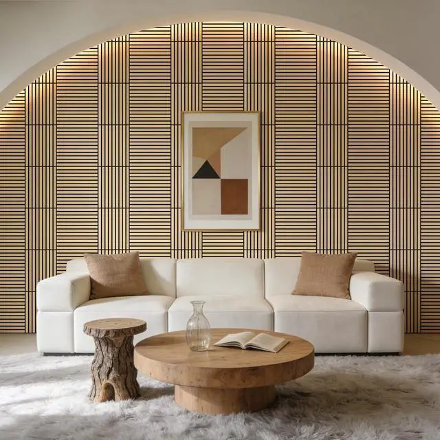 Alt view image 6 of 7 - 24 Pack Self Adhesive Acoustic Wall Panels in Wood Look 11.8"x15.7" | Soundproofing PVC Slats on Felt, Decorative Wall Panels for Living Room & Bedroom Accent Wall