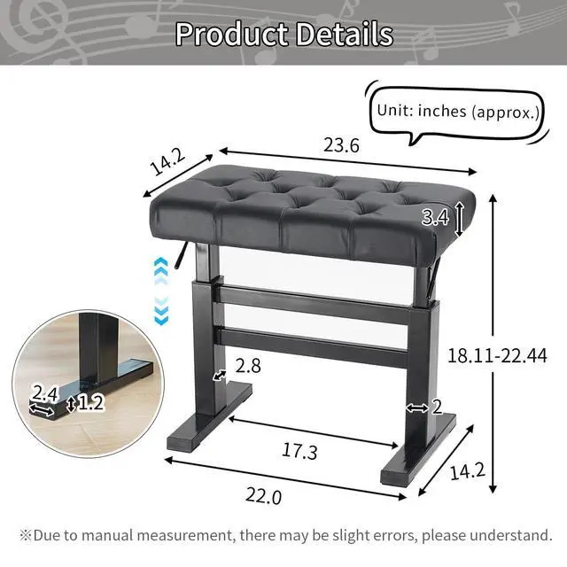 Alt view image 2 of 7 - Hydraulic Lifting Piano Bench Height Adjustable Tufted | Keyboard Bench Heavy Duty Piano Stool with 23.62" x 14.17" PU Leather High-Density Sponge & Alloy Base, 2 Styles