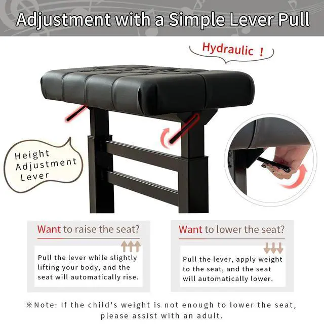 Alt view image 4 of 7 - Hydraulic Lifting Piano Bench Height Adjustable Tufted | Keyboard Bench Heavy Duty Piano Stool with 23.62" x 14.17" PU Leather High-Density Sponge & Alloy Base, 2 Styles