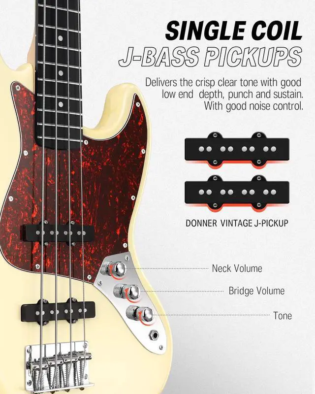 Alt view image 2 of 7 - Electric Bass Guitar 4 Strings Full-Size Standard Bass JB-Style Beginner Kit White for Starter with Free Online Lesson Gig Bag Guitar Strap and Guitar Cable, DJB-510