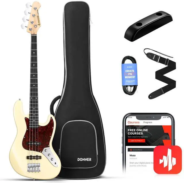 Main image of Electric Bass Guitar 4 Strings Full-Size Standard Bass JB-Style Beginner Kit White for Starter with Free Online Lesson Gig Bag Guitar Strap and Guitar Cable, DJB-510