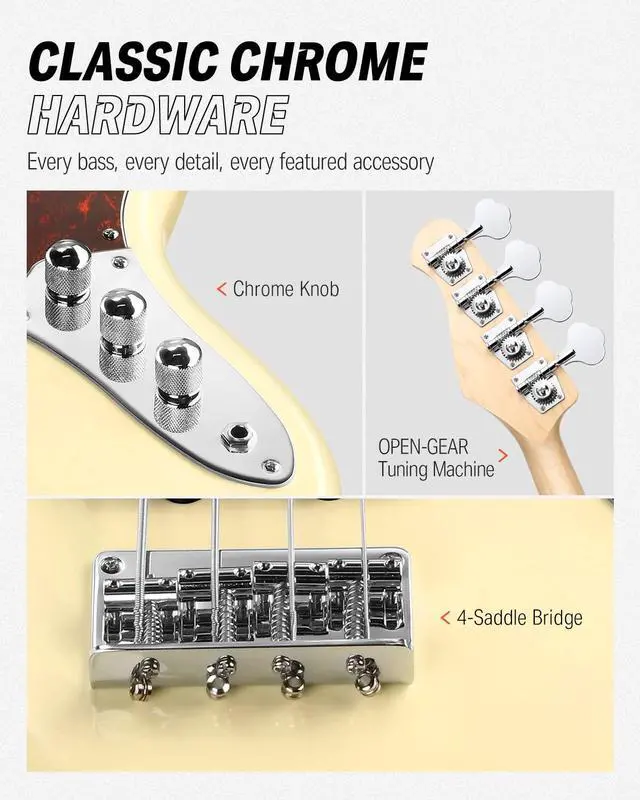 Alt view image 4 of 7 - Electric Bass Guitar 4 Strings Full-Size Standard Bass JB-Style Beginner Kit White for Starter with Free Online Lesson Gig Bag Guitar Strap and Guitar Cable, DJB-510