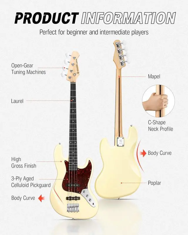 Alt view image 5 of 7 - Electric Bass Guitar 4 Strings Full-Size Standard Bass JB-Style Beginner Kit White for Starter with Free Online Lesson Gig Bag Guitar Strap and Guitar Cable, DJB-510