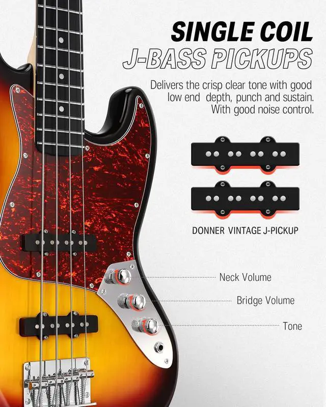 Alt view image 2 of 7 - Electric Bass Guitar 4 Strings Full-Size Standard Bass JB-Style Beginner Kit Sunburst for Starter with Free Online Lesson Gig Bag Guitar Strap and Guitar Cable, DJB-510