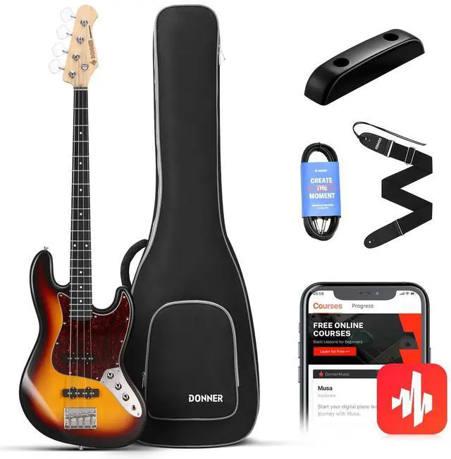 Main image of Electric Bass Guitar 4 Strings Full-Size Standard Bass JB-Style Beginner Kit Sunburst for Starter with Free Online Lesson Gig Bag Guitar Strap and Guitar Cable, DJB-510