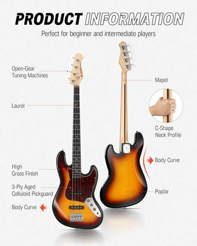 Alt view image 5 of 7 - Electric Bass Guitar 4 Strings Full-Size Standard Bass JB-Style Beginner Kit Sunburst for Starter with Free Online Lesson Gig Bag Guitar Strap and Guitar Cable, DJB-510